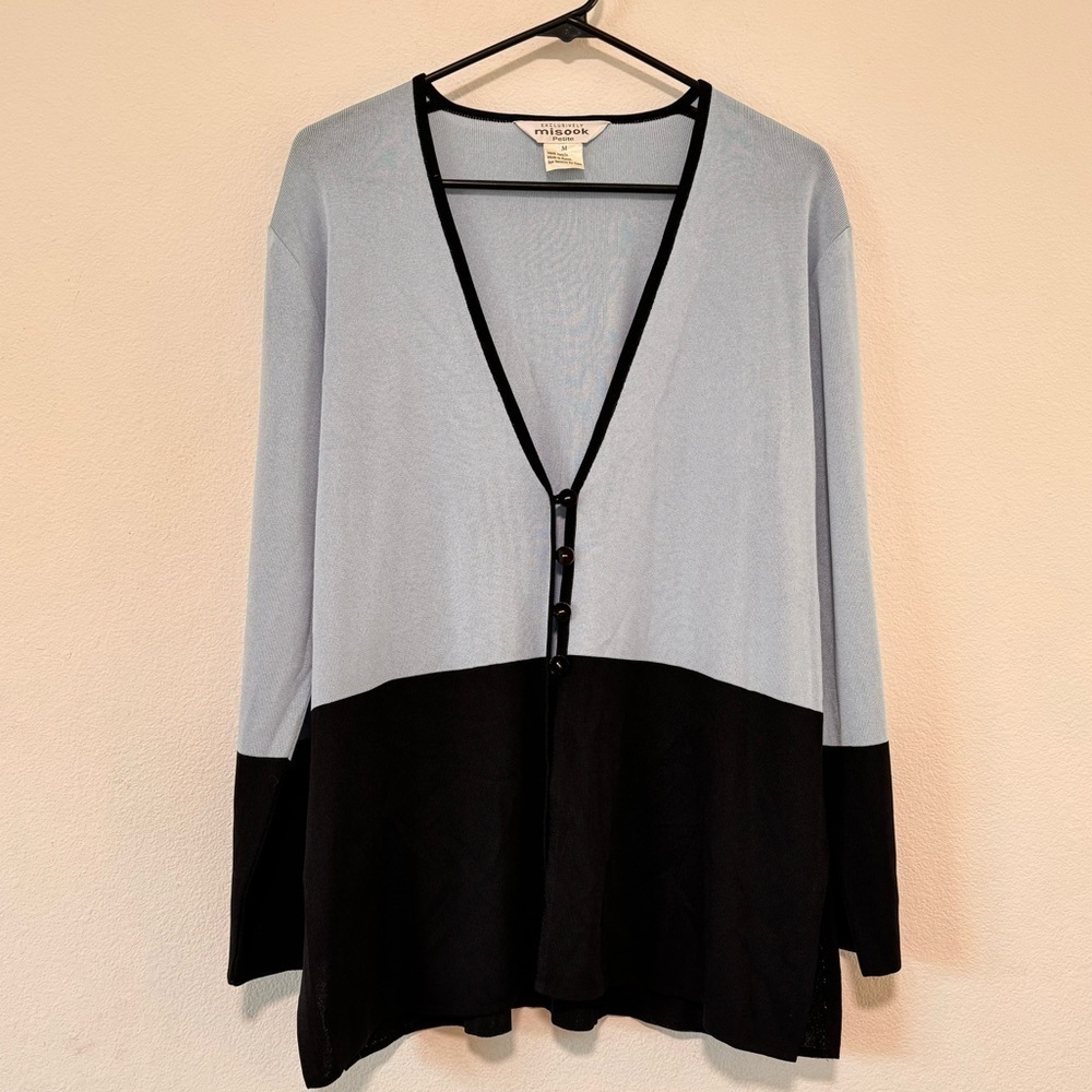 Misook Light Blue Black Knit Button Front Longline V Neck Cardigan Petite M